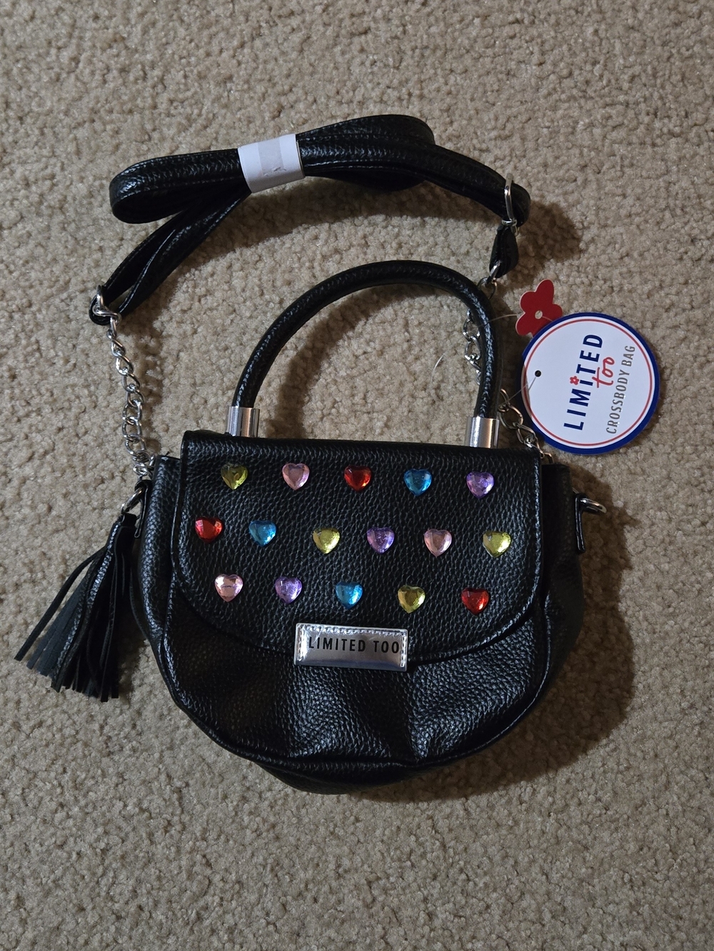 Limited Too Black Crossbody with Multicolored Heart Studs